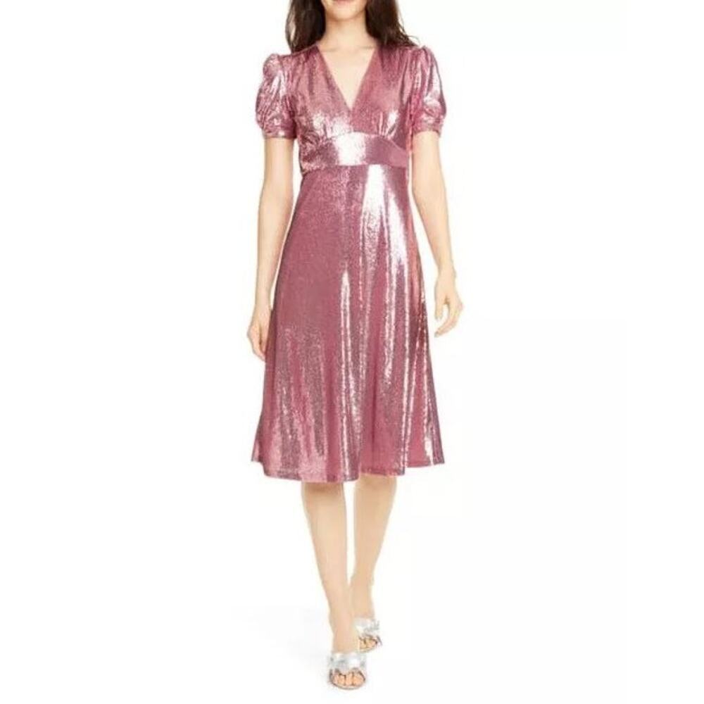 HVN Paula Deep V Neck Sequin Puff Sleeve Midi Dress Dusty Pink Women's Size 4